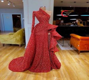 Lindo manga longa vermelho sereia vestidos de noite 2019 elegante sexy vestido de baile lantejoulas vestidos de noite formais robe de soiree abendkl8020920