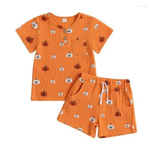 Conjuntos de roupas 2 PCS Criança Bebê Menino Halloween Outfit Curto Manga Longa Dos Desenhos Animados Abóbora Botão Camisa Top Shorts Calças Roupas de Cavalheiro