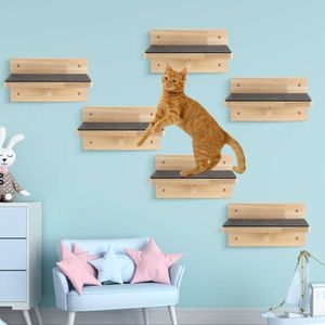 Lenwen Set of 6 Steps Shelf Climbing Shees Mounted Furniture Wall Bed Wood Cat Stairs with Non Slip Felt for Springboard Playing (classic)