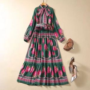 European and American women's clothing 2023 autumn new Long-sleeved green vintage print bow stand collar Fashion pleated dress