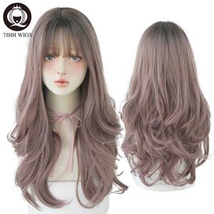 Synthetic Wigs Lace Wigs 7JHH Fashion Ombre Brown Black Deep Wave Long Hair With Bangs Synthetic Wigs For Women Christmas Heat Resistant Thick Wig Gift 240329