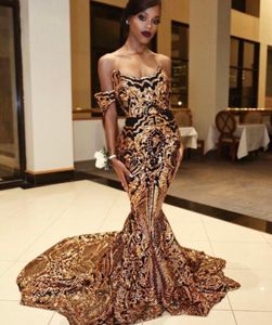 Sparkly Black And Gold Evening Dresses Mermaid Prom Dresses For Black Girls Plus Size Appliques Sweetheart elegant Caftan African 5322148