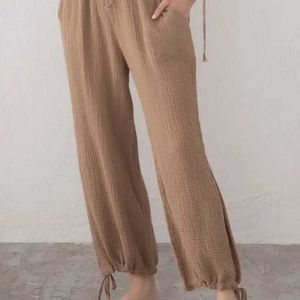 Pantaloni casual da donna svasati con lacci in mussola con tasche Polsini ricamati 0 Pantaloni leggings in cotone alla moda 2024