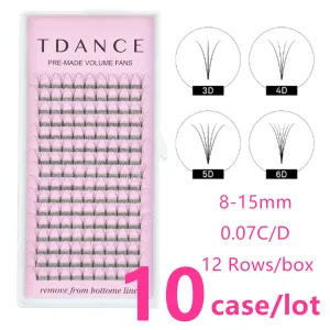 まつげtdance 10trays12rows事前のまつげ拡張3d/4d/5d/6d 0.07mm厚さc/dショートステムロシアボリューム個々のまつげ