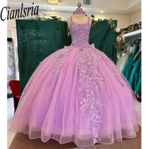 Lila quinceanera klänningar 3D -applikationer pärlor älskling handgjorda blommor bollklänningar vestidos de 15 anos