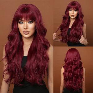 Wigs Wine Red Synthetic Wigs Burgundy Long Wavy Wigs с челкой для чернокожих женщин, косплей, ежедневные натуральные волосы, теплостойкий, клетчатки