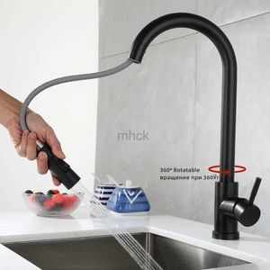 Kitchen Faucets Black Kitchen Faucet Two Functions Single Handle Knob Out Mixer Heat And Cold Faucet Deck Mounted Stream Spray Head 240319