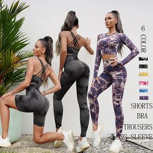 Sömlös Tiedyed Yoga sätter Sports Fitness High midja Hip Raise Pants Cutout Bh Suit Workout Clothes Gym Leggings Set for Women 240307