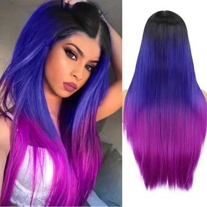 Synthetic Wigs Ombre Rainbow Black Blue Purple Long Straight Synthetic Wigs for Women Red Black Cosplay Wig for Christmas Heat Resistant Fiber 240329