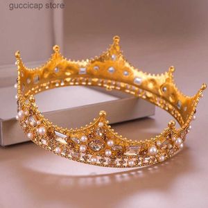 Tiaras vintage guld Royal Crown Round Tiara brudhuvud smycken pärla kristall hår tillbehör bröllop krona ornament pannband diadem y240319