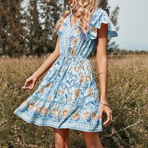 Lässige Kleider, Bohemian-Stil, Blumenkleid, Damen, Sommer, Taille, Schnürung, V-Ausschnitt, kurze Rüschenärmel, lockere Passform, Urlaub, Strand