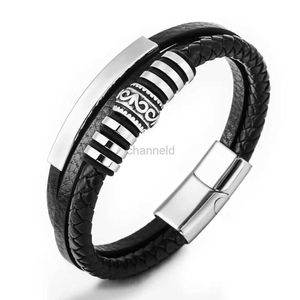 Bangle European and American Retro Punk Wind Circle Square Stainless Steel Pipe Mens Bracelet 3 Layer Leather Link Bracelet Jewelry 240319