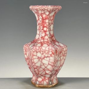 Vases Living Room GE Kiln Red Glaze Open Six-edged Ornamental Bottles Display Antique Porcelain Collection