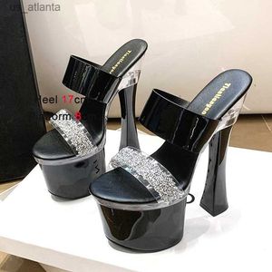 Dress Shoes Dress Shoes Slippers Waterproof Platform Rhinestone 2023 Summer New Transparent Band Thick Heel Sandals High Heels Fashion Model Shoes EVPE H240321