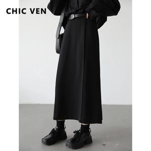 CHIC VEN Frauen Röcke Lose Hohe Taille Plissee Gerade Rohr Rock Schlitz Schwarz Weibliche Kleidung Büro Dame Herbst Winter 240319