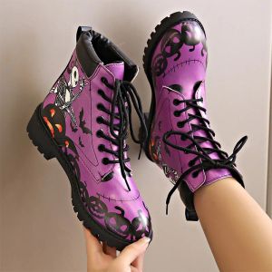 Botas de inverno Novo dia todos os santos Chelsea Women Boots tornozelo gótico Motocicleta Sapatos femininos Lace Up Designer Mid Heels Boots Women Boots