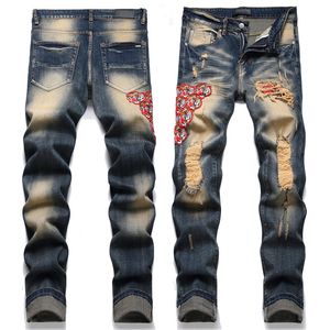 Zerrissene Jeans für Herren, lange Denim-Hose, schmale Passform, schmale Stretch-Biker-Jeans für Herren, gewaschene Designer-Hose, Tigerkopf-Stickerei, Größe 29–38