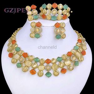 Bangle Vintage Opal Jewelry Set Elegant 18k Gold Plated Women Earrings Necklaces Ethiopia Jewelry Set Bride Party Accessories 240319