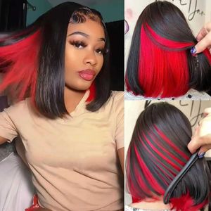 Synthetic Wigs Synthetic Wigs Bob Wigs for Women Red Peekaboo Wig Synthetic Hair Straight Bob Wig Shoulder Length Black with Red Highlights Wig Blunt Cut Bob 240327