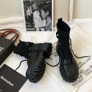 Bot Kadınlar Orta Buzağı Botlar Sonbahar Kış 2021 Yeni Bayanlar Günlük Platform Elastik Çorap Botlar Moda Siyah Dantel Yukarı Kadın Gotik Ayakkabıları