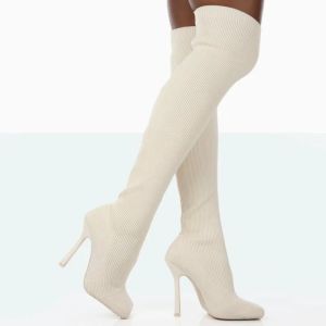 Stövlar stövlar kvinna vinter 2022 höga klackar lår höga stövlar overtheKnee långa sockvita rosa skor elegant stripper poldans