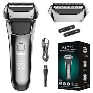 Kemei lavável molhado seco barbeador elétrico para homens rosto barba navalha elétrica cabeça recarregável careca 3 lâminas sistema de máquina de barbear 240313