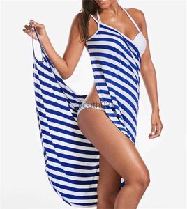 Kjolar Skorts 2023 Big Size Summer Beach Sexig Women Stripe Wrap Dress Bikini täcker Sarongs Womens Clothing badkläder Baddräkt Backless 240319