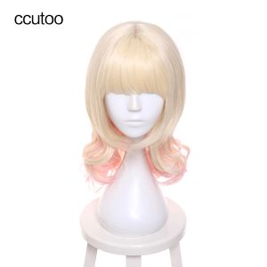 Wigs ccutoo Diabolik Lovers Komori Yui 40cm Pink Blonde Ombre Mix Curly Medium Flat Bangs Styled Synthetic Hair Cosplay Full Wigs