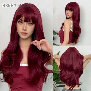 Syntetiska peruker Henry Margu Burgundy Long Wavy Wigs Wine Red Wig With Bang For Women Daily Synthetic Hair Cosplay Wig Heat Motent Fiber 240328 240327