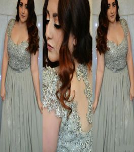 2020 Grey Illusion Back Plus Size Special Occasion Dresses Cap Sleeves Lace Appliques Beaded Cap Sleeves Long Chiffon Prom Evening4268488