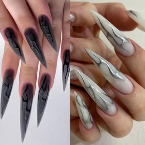 False Nails French Full Cover Mechanical Silver Black Vine Nail Tips Long Stiletto Detachable Fake DIY