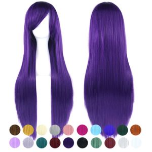 Syntetyczne peruki koronkowe peruki 80 cm proste syntetyczne włosy ciemne fioletowe peruki cosplay z Bangs Halloween Kostium dla kobiet 240329