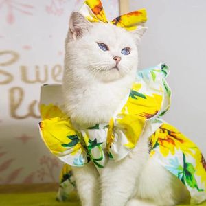Hundklädklänning ärmar Pet Sunflower Print Set med Bow Decor Cat Princess Headdress Lightweight bekväm