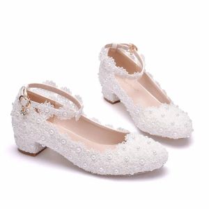 Pompe Donne 3 cm Teli alti Scheroni di perle in pizzo bianco Scarpe da sposa sexy Bride Party puntato con punta superficiale pompe per scarpe damigellaia rosa