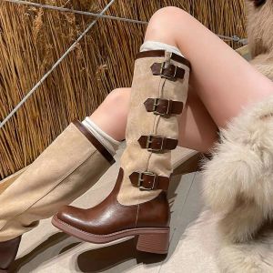 Stövlar Autumn Cowhide Leather Cowboy Boots For Women Fashion Long Pipe Boots Female Square High Heel Trend Winter Footwear