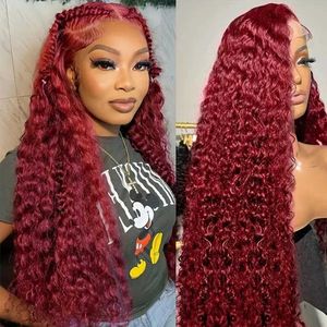 Syntetiska peruker 13x4 13x6 Deep Curly Spets Frontal Wig Transparent 99J Bourgogne Curly Spets Front Wigs Red Colored HD Deep Wave Human Hair Wigs 240329