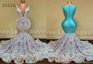 Stylish 3D Flora Mermaid Prom Dresses Gliter Sequins Appliced ​​Long Party Evening Clows Sheer Neck Zipper Back Vestidos de Fiesta 1527181