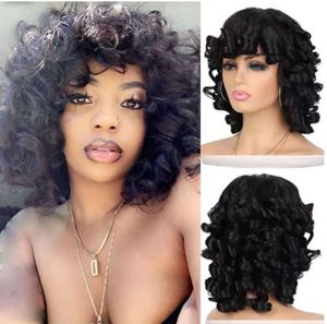 Synthetic Wigs Short Curly Wigs for Black Women Soft Black Big Curly Wig with Bangs Afro Kinky Curls Heat Resistant Natural 240329