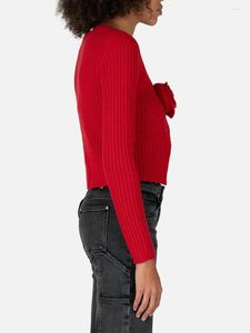 Kvinnors stickor kvinnor sexig stickad skörd topp öppen front cardigan lång ärm 3d blommor tröja smal passform strecks streetwear