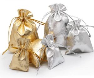 7x9 9x12 10x15cm 13x18cm Borsa per imballaggio di gioielli regolabile Borse in organza color oro argento con coulisse Sacchetti regalo di nozze Sacchetti LL