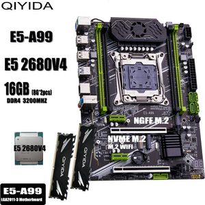 Qiyida x99 마더 보드 세트 E5 A99 키트 Xeon LGA2011-3 E5 2680 V4 2*8GB = 16GB 3200MHz 4 채널 DDR4 SATA 3.0 NVME M.2 ATX 240314