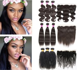 Brazilian Hair Bundles Wet and Wavy Body Wave Straight Remy Human Hair Lace Closure 3 Bundles with Kinky Curly 13x4 Weaves Frontal2154012