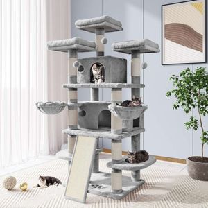 Allewie 68-inch Multi-level Cat Tree House with Condo, Scratching Posts, and Towers for Large Cats - Light Grey