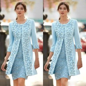 Elegant Blue Mother of the Bride Dresses Outfit Jacket 2 Pieces Long Sleeves V Neck Mother's Gowns Plus Size Guest Long Formal Dress