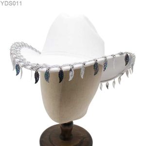 Breda brimhattar hink ny mode tassel kvinnor västra cowboy hatt vit scen prestanda brud lady cowgirl fedora party mens elegant filt 240319