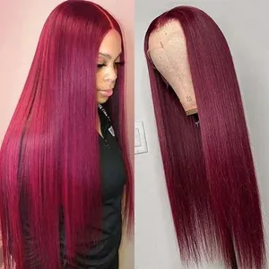 Burgundy 13x4 Straight HD Lace Frontal Wigs Human Hair 180% 99j Red Colored Glueless Lace Front Human Hair Wigs 4x4 Closure Wig