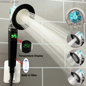 Bathroom Shower Heads Temperature Display Turbo Propeller Shower Head Black 3 Modes High Pressure Fan Shower Big Boost Filter Handheld Bathroom Shower Y240319