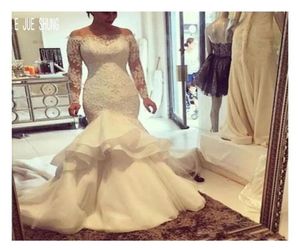 E Jue shung White Organza Lace Appliques Mermaid Dresses Off Off Long Sleeves Wedding Gowns Robe De Soiree6167761