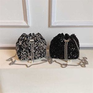 Hip ombro sacos de lantejoulas designer saco mulheres prata balde versátil portátil um crossbody pequeno perfumado banquete bolsas tote 240311