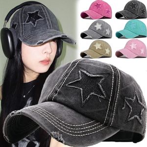 Y2K Star Hats Women Men Vintage Embroidery Pentagram Washed Cotton Baseball Caps Soft Top Denim Ponytail Hats 240301